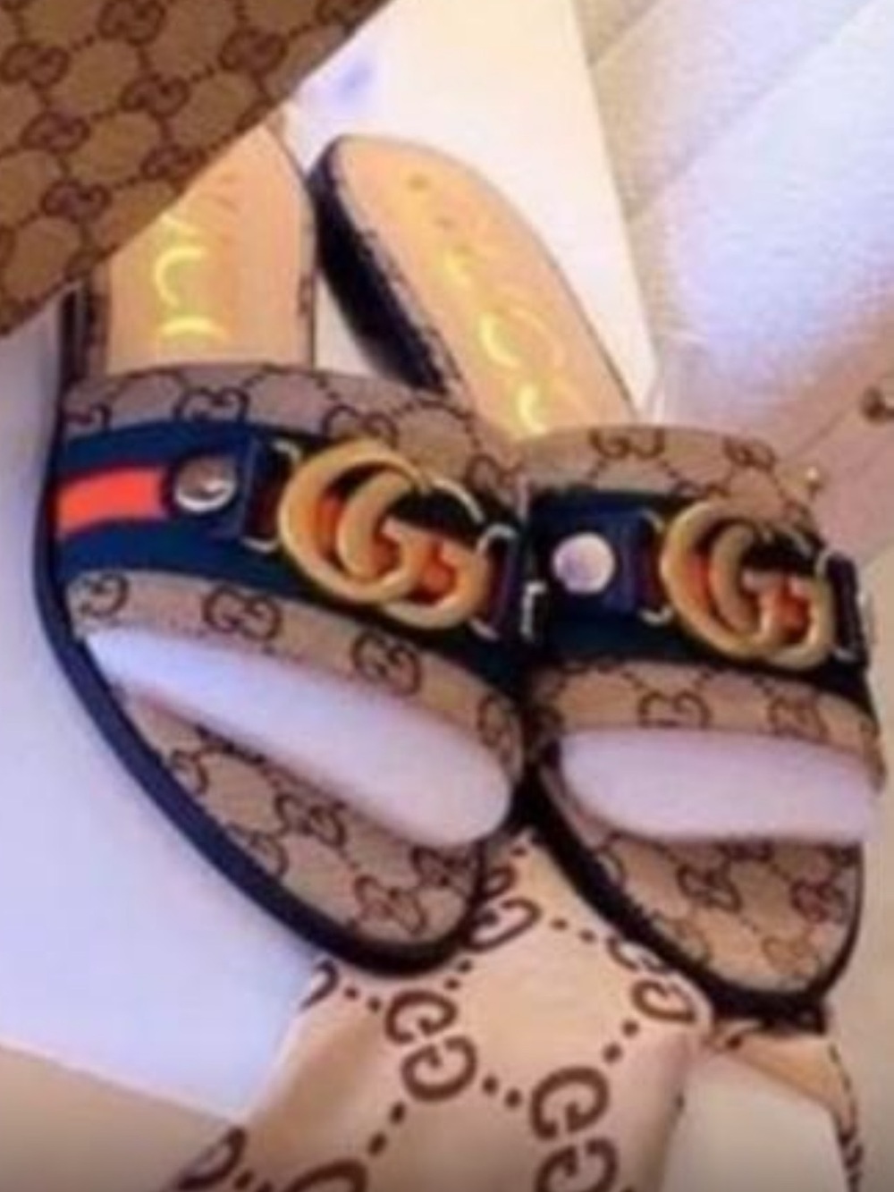 Fashion Beige Monogram Slide Sandals with Gold GG Hardware